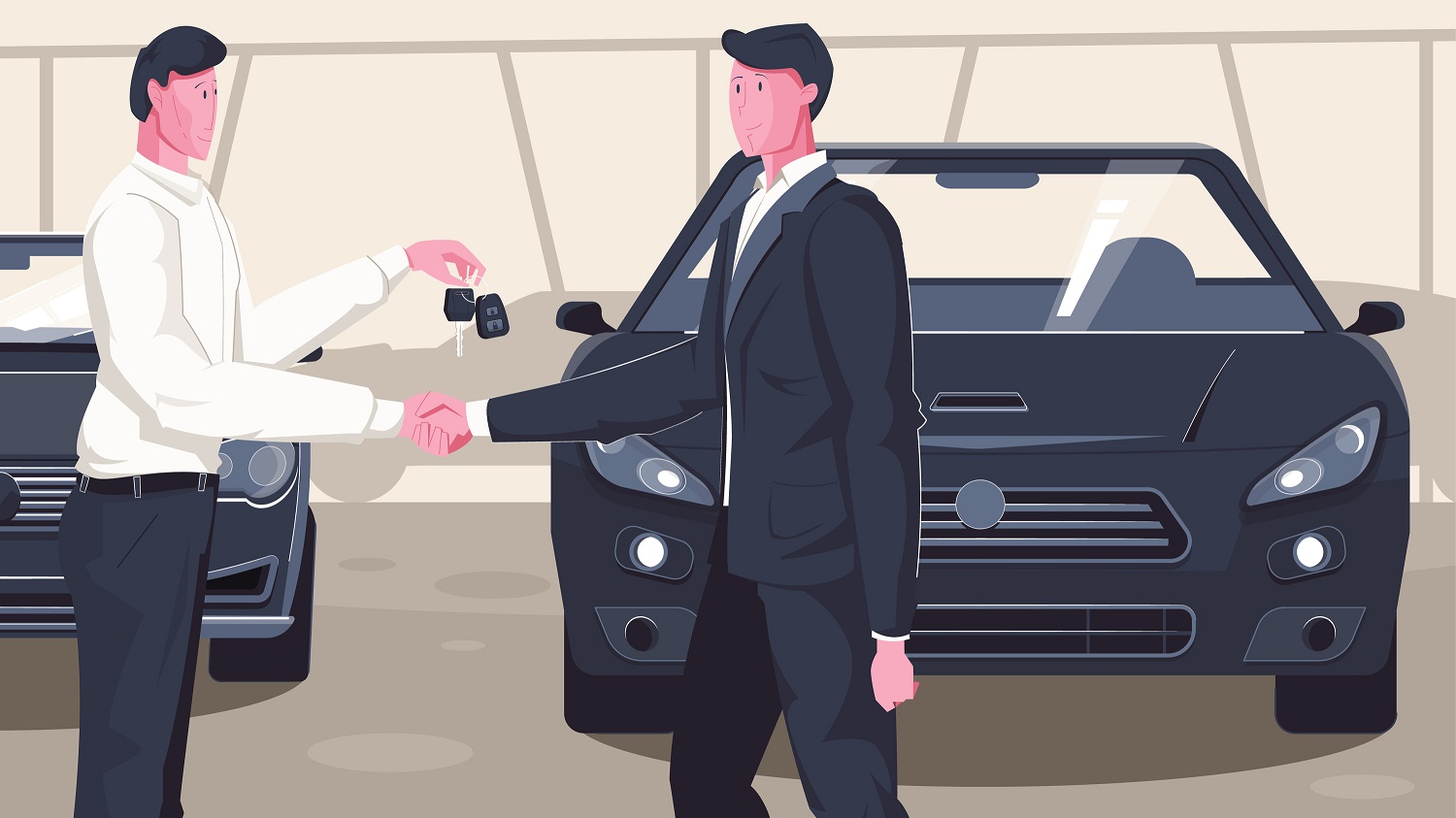 Grafika wektorowa - dwóch mężczyzn, jeden przekazuje drugiemu kluczyki do samochodu, w tle parking z samochodami