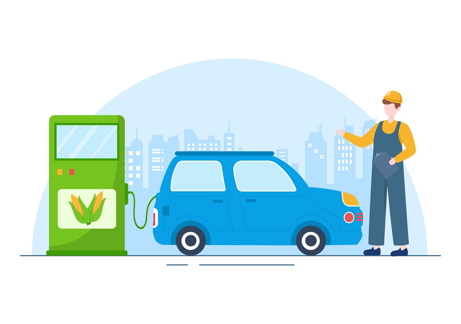 Grafika 2D - dystrybutor paliwa z ikoną kolb kukurydzy, samochód, pracownik stacji w czapce z daszkiem i spodniach na szelkach
